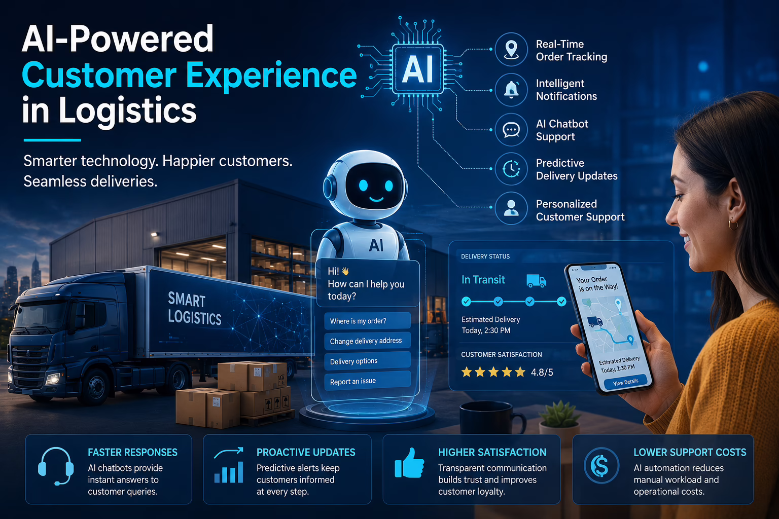 AI Logistics for E-Commerce showing AI customer support, real-time order tracking, predictive analytics, and intelligent logistics automation for enhanced customer experience.