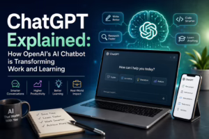 Featured image for a ChatGPT guide showing OpenAI's AI chatbot on a laptop and smartphone, illustrating how ChatGPT helps users write content, research information, learn new skills, analyze data, and improve productivity in work and education.