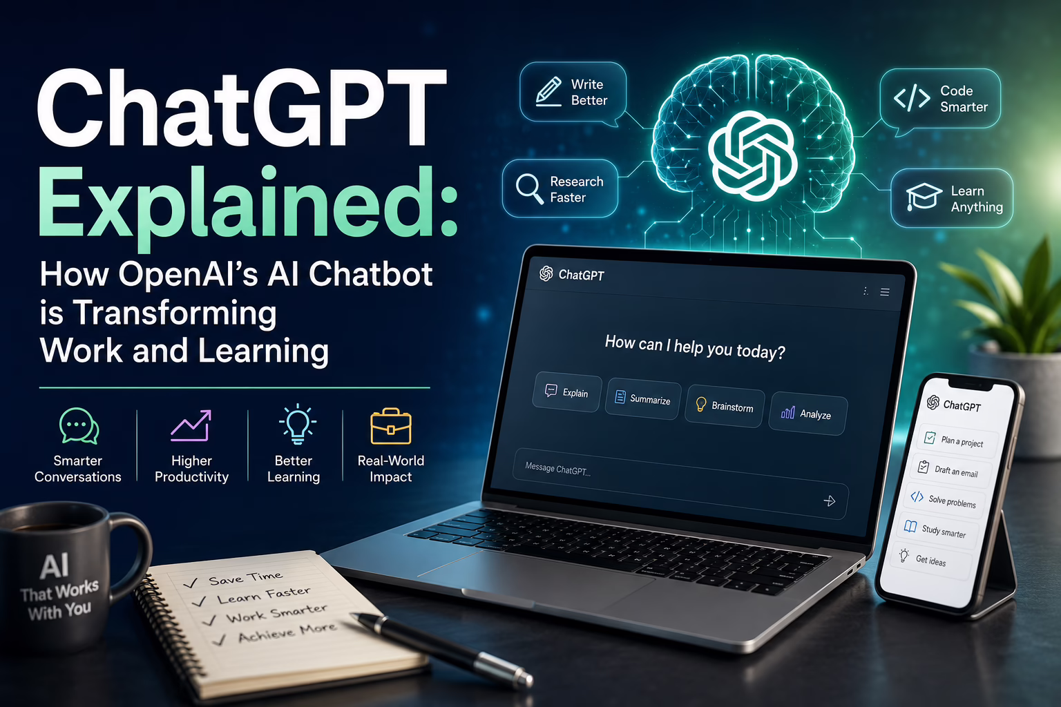 Featured image for a ChatGPT guide showing OpenAI's AI chatbot on a laptop and smartphone, illustrating how ChatGPT helps users write content, research information, learn new skills, analyze data, and improve productivity in work and education.