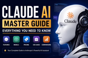 Claude AI Master Guide featured image showing a futuristic AI robot with the Claude logo, highlighting features, models, pricing, use cases, and comparisons in a modern technology-themed design.
