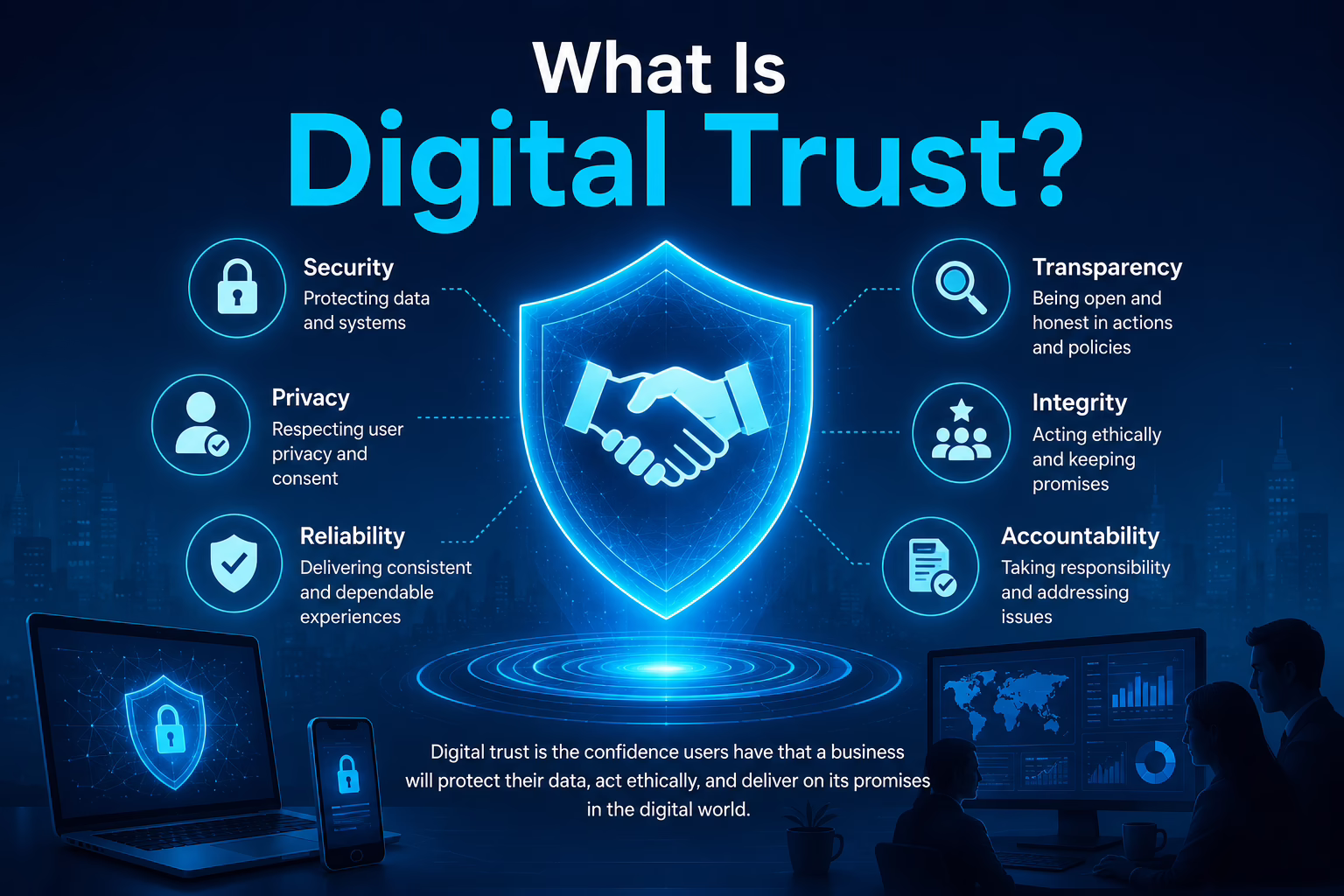 Digital Credibility and Trust concept illustration showing AI-powered cybersecurity, data privacy, transparency, secure business technology, and ethical artificial intelligence in a modern digital ecosystem.