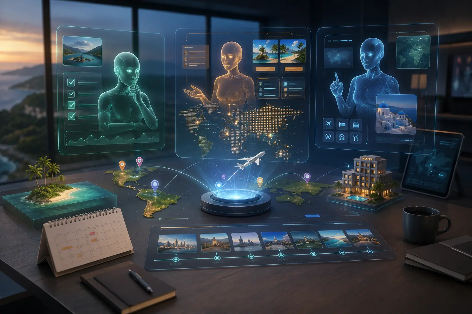AI assistants creating personalised travel itineraries with smart recommendations, maps and planning tools.