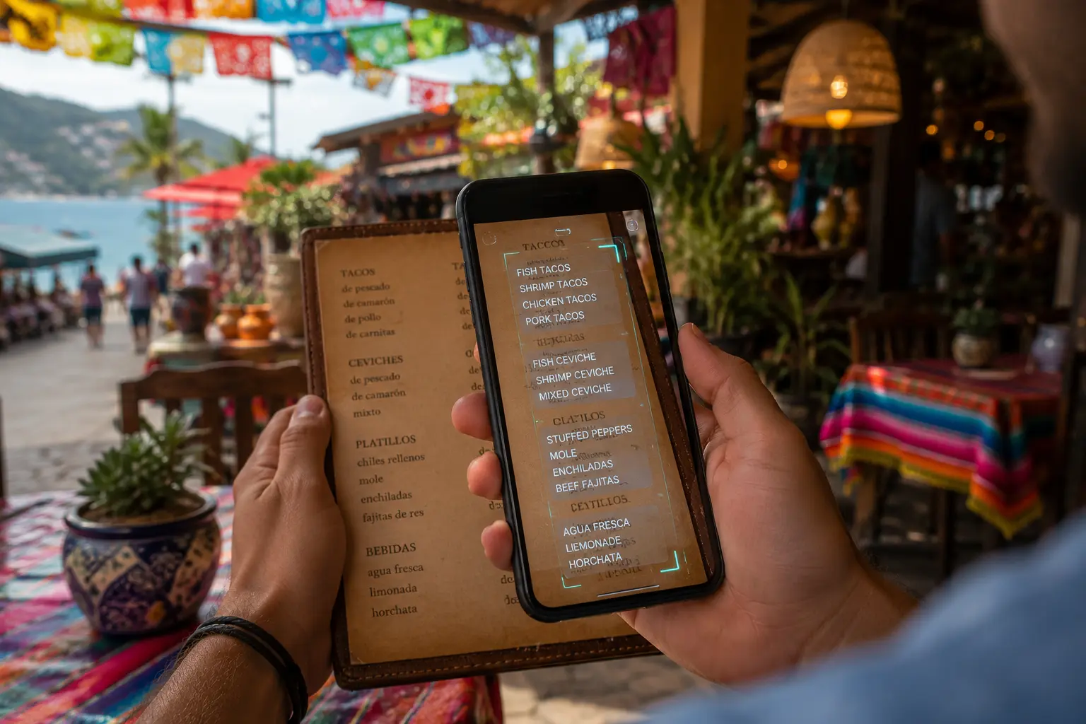 AI-powered language translation helping travellers understand Spanish menus and local signs in Puerto Vallarta.