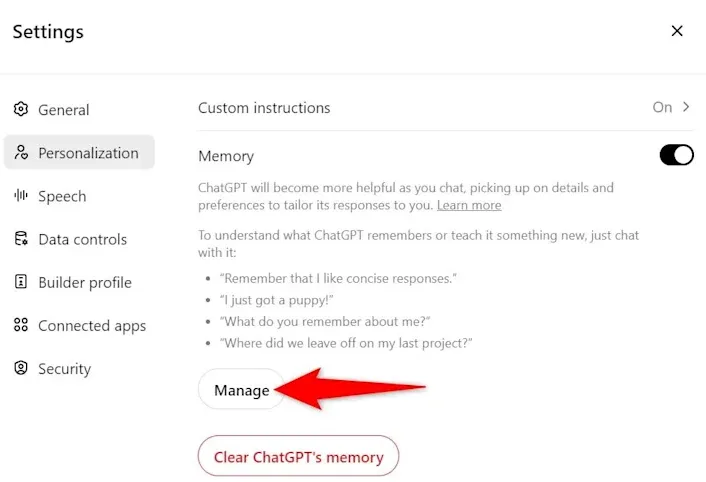 ChatGPT memory management panel