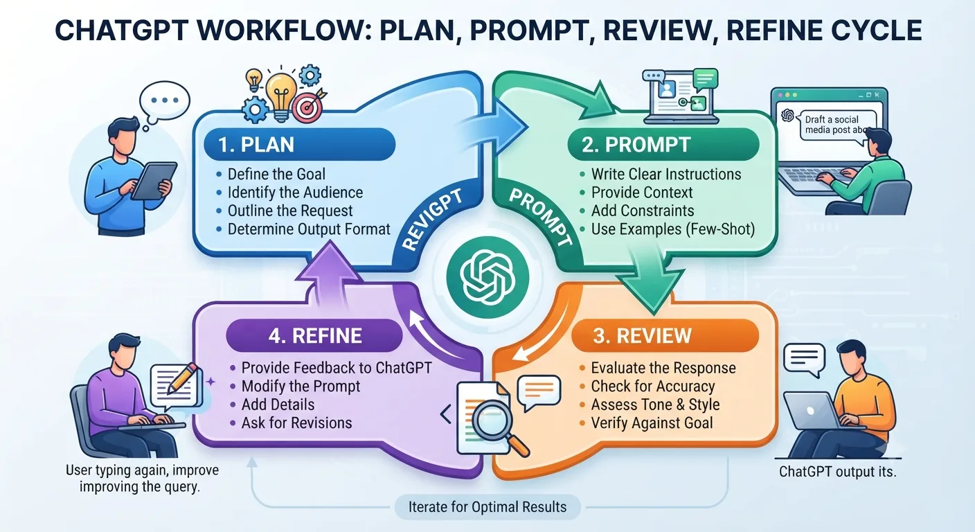 ChatGPT workflow infographic showing Plan, Prompt, Review, Refine cycle