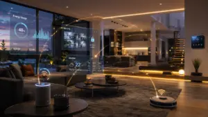 A modern luxury ai smart home interior at dusk, with soft cinematic lighting