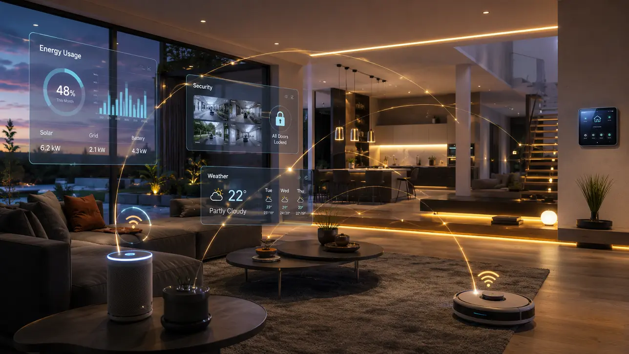 A modern luxury ai smart home interior at dusk, with soft cinematic lighting