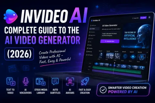 InVideo AI video generator interface showing text-to-video creation dashboard with AI editing tools and stock media library