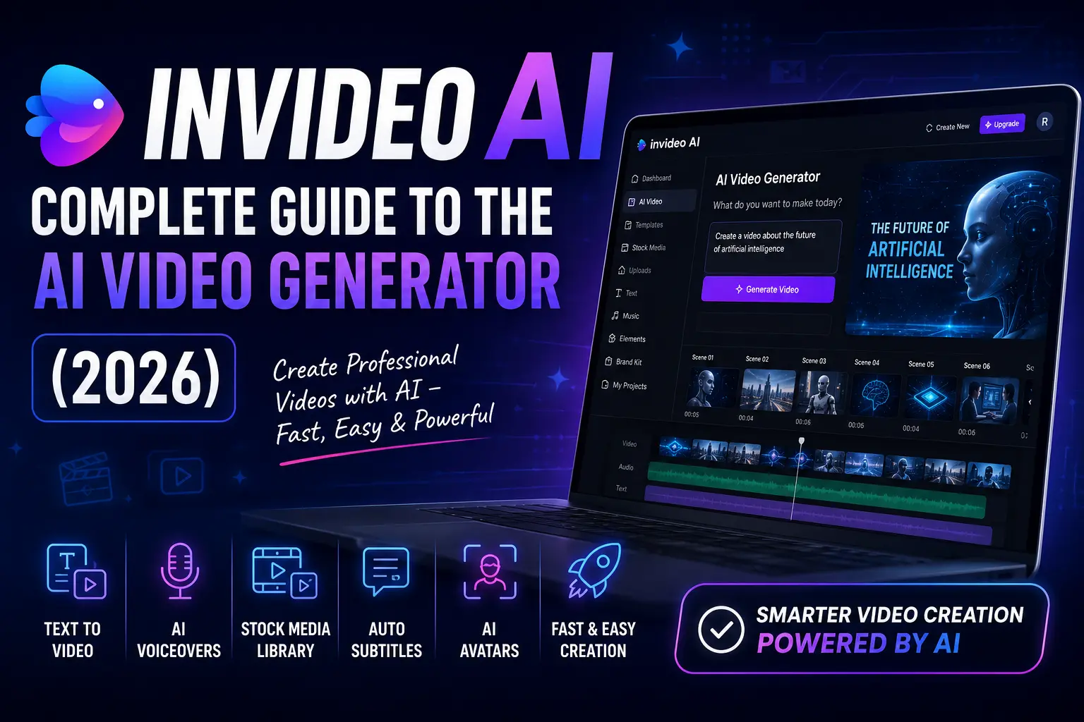 InVideo AI video generator interface showing text-to-video creation dashboard with AI editing tools and stock media library