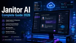 Janitor AI Complete Guide 2026 showing an AI chatbot interface with character creation and API integration