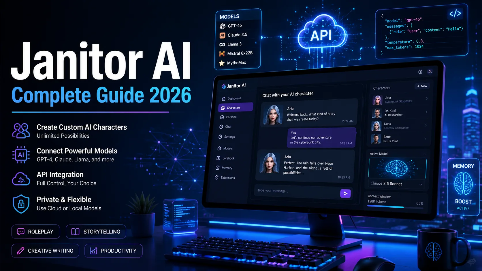 Janitor AI Complete Guide 2026 showing an AI chatbot interface with character creation and API integration