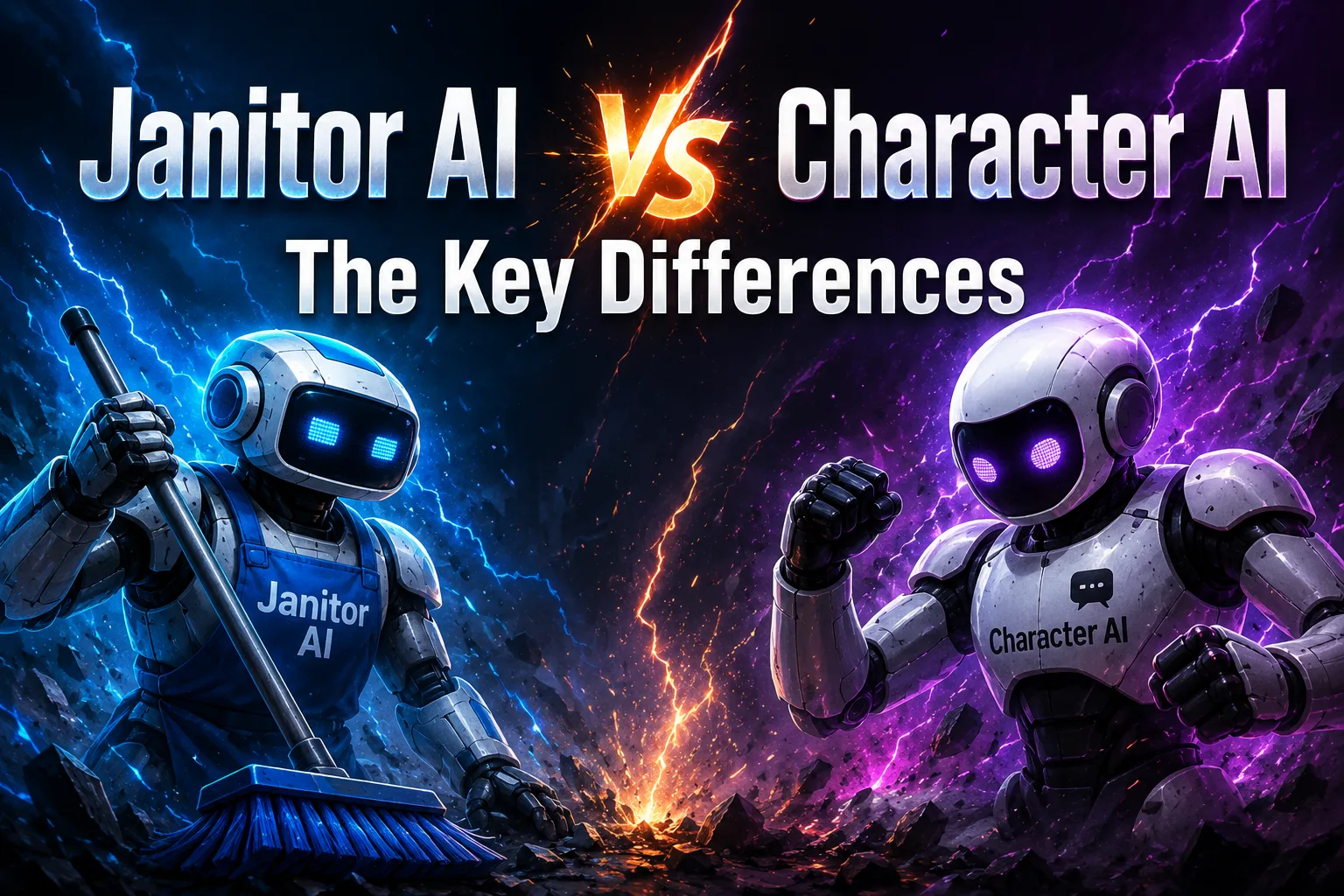 Janitor AI vs Character AI comparison showing two futuristic AI robots facing off in a technology themed battle illustrating the key differences between both AI chatbot platforms