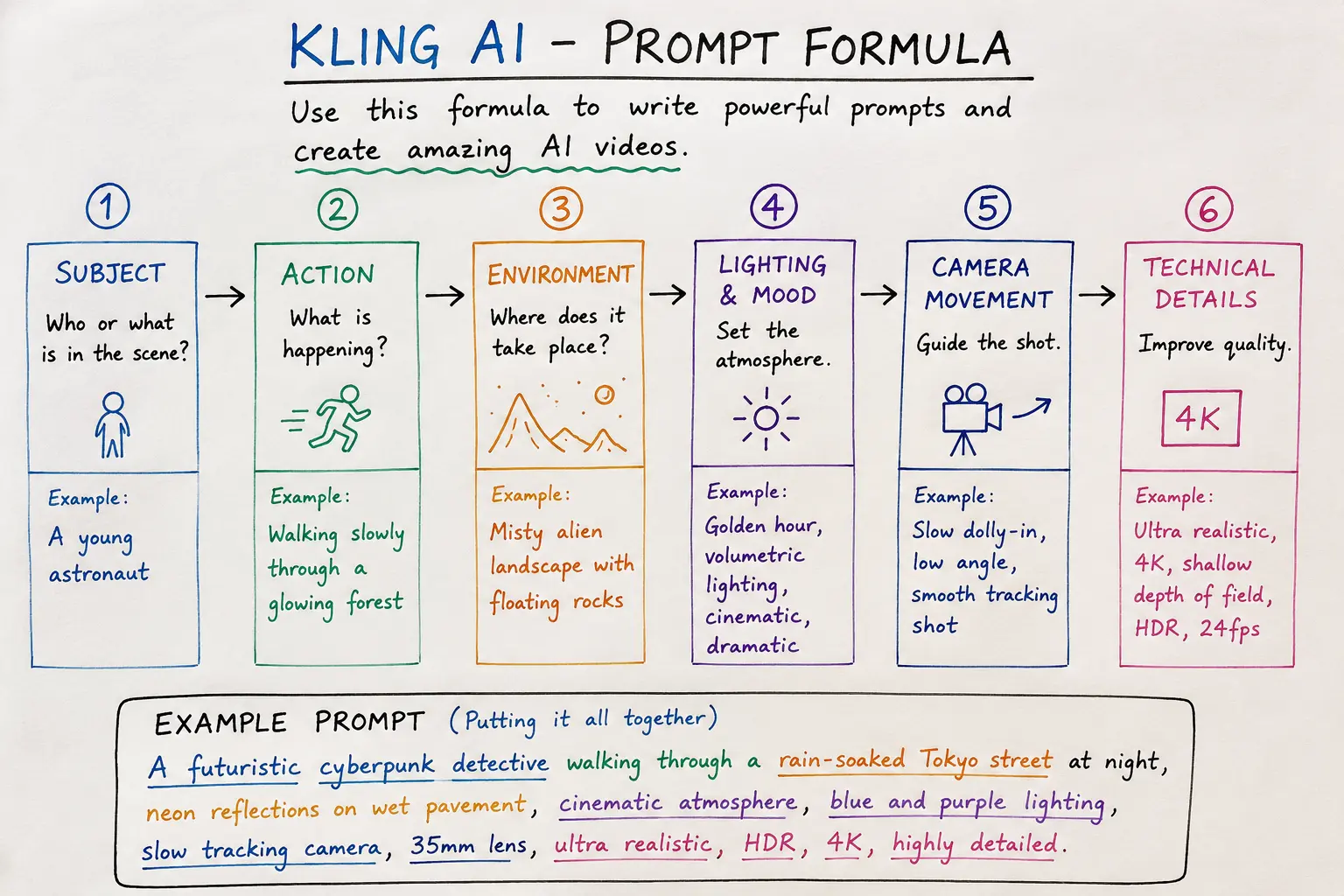 Kling AI Prompt Formula infographic showing the six-step framework for writing effective AI video prompts with a practical example prompt.