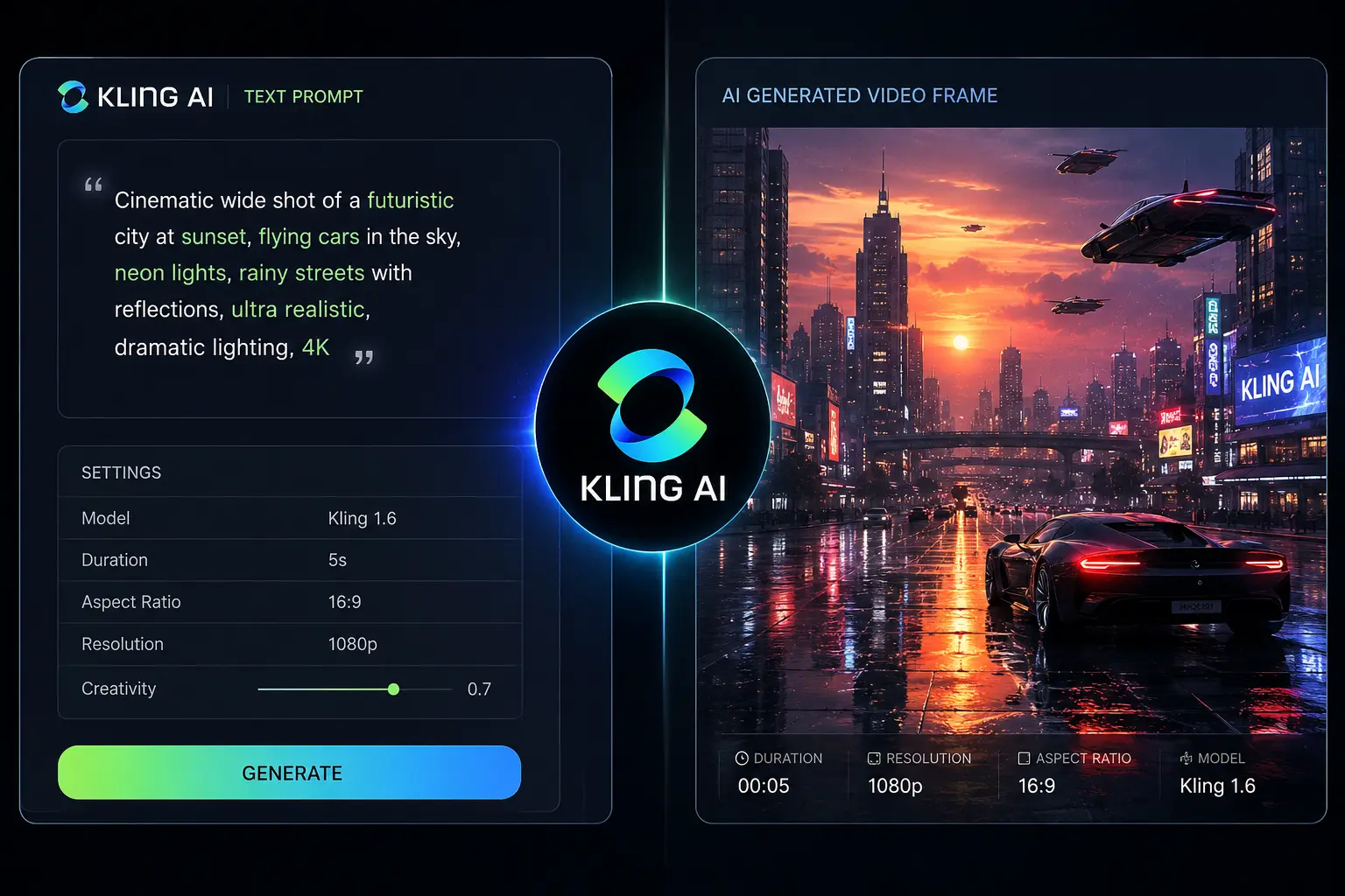 Kling AI video generator interface showing a text prompt alongside a high-quality AI-generated cinematic video frame.