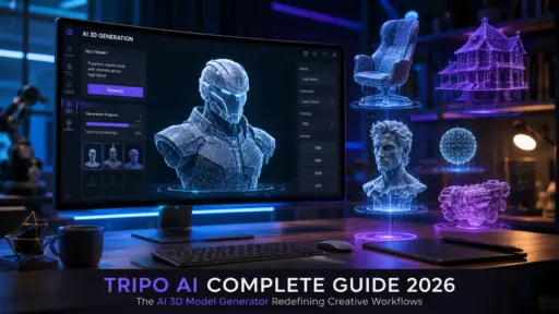 Tripo AI 3D model generator interface showing AI-generated futuristic 3D models