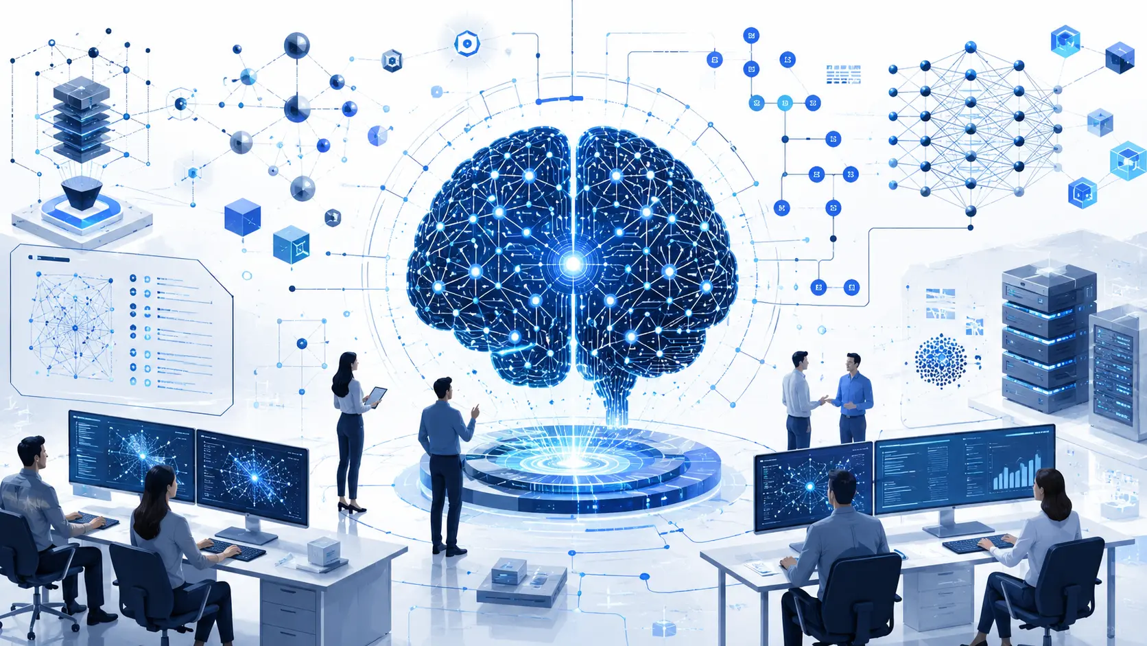 AI Algorithms Explained infographic showing machine learning, neural networks and AI workflow