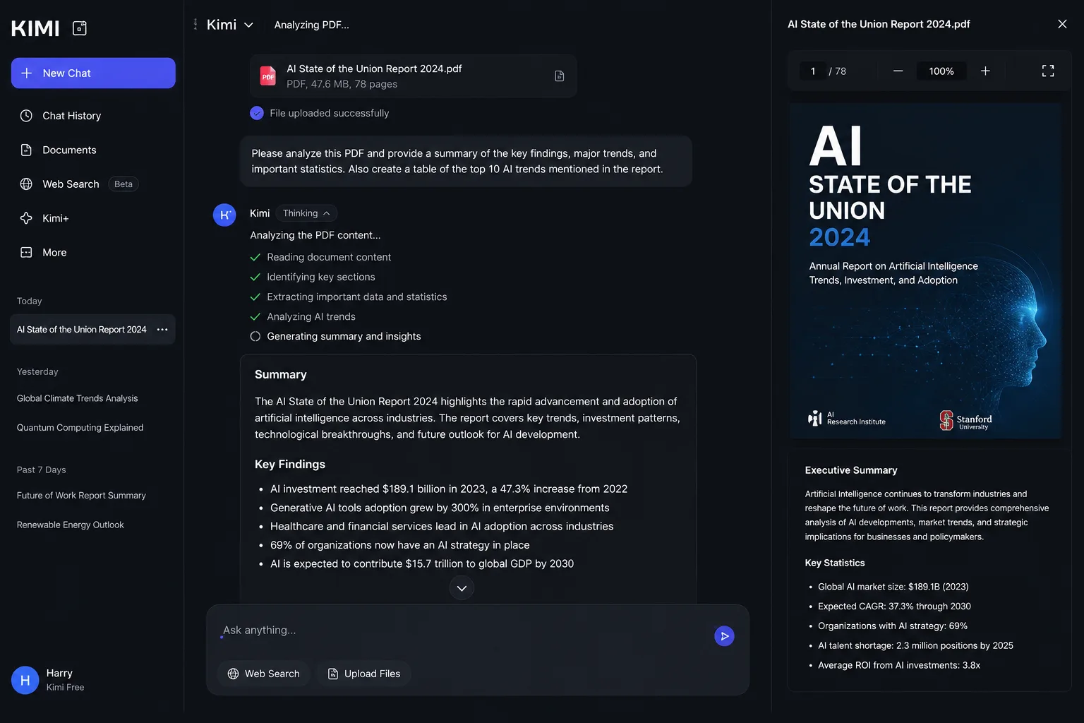 Kimi AI analysing a PDF document with AI-generated summary, key findings, extracted statistics and document analysis in the Kimi web interface.