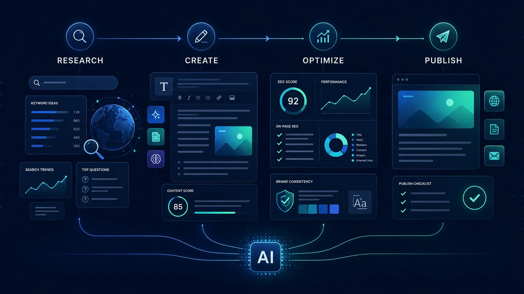 AI marketing workflow showing research, content creation, optimization and publishing