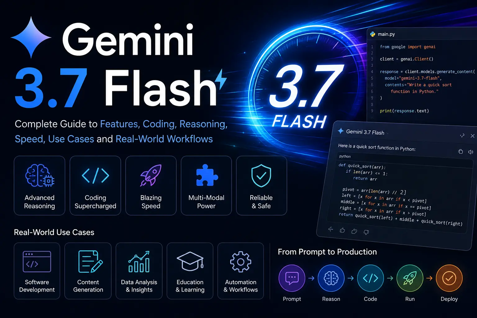 Gemini 3.7 Flash guide covering AI reasoning, coding, speed, features, use cases and real-world workflows