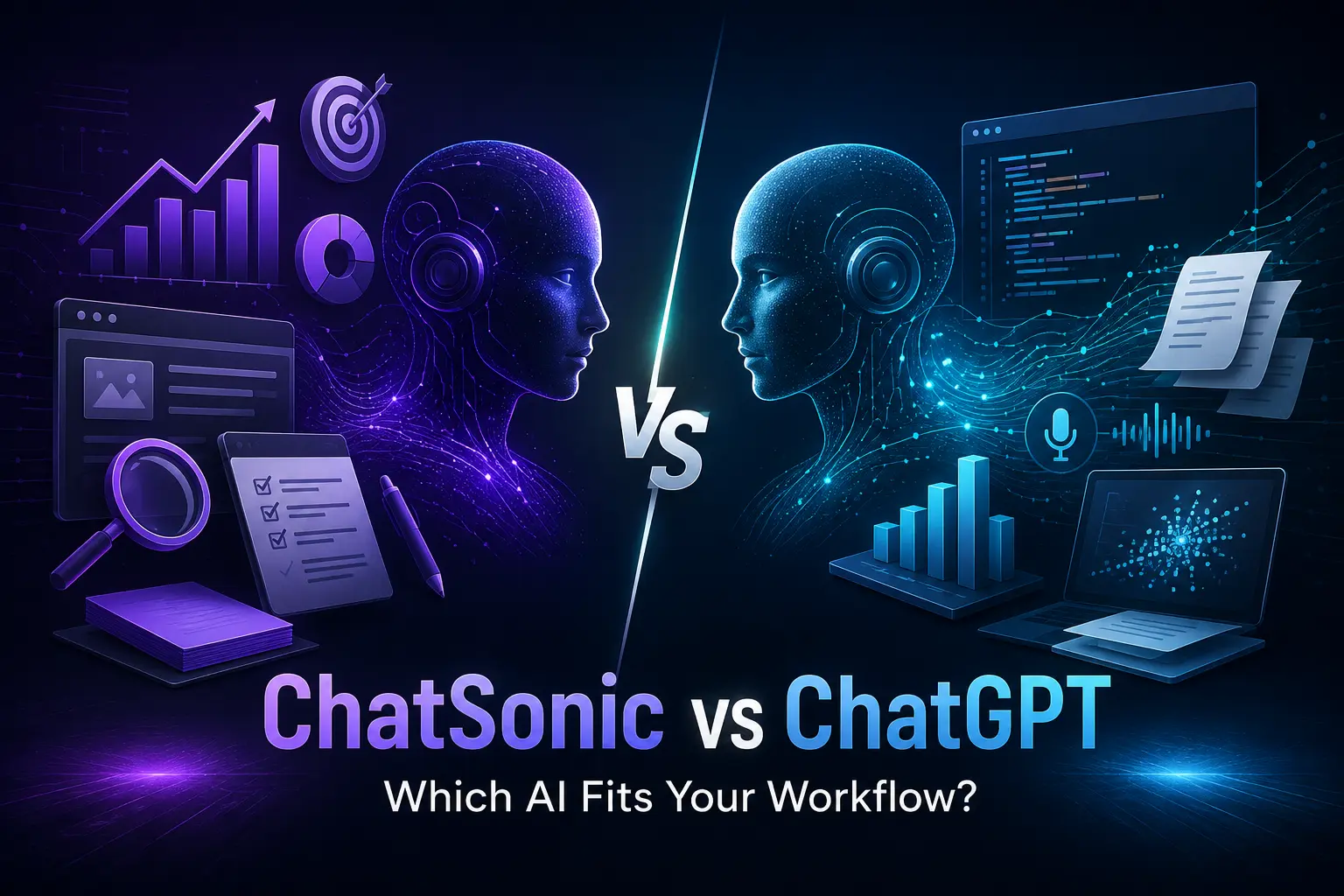 ChatSonic vs ChatGPT comparison showing marketing AI workflows and general-purpose AI capabilities
