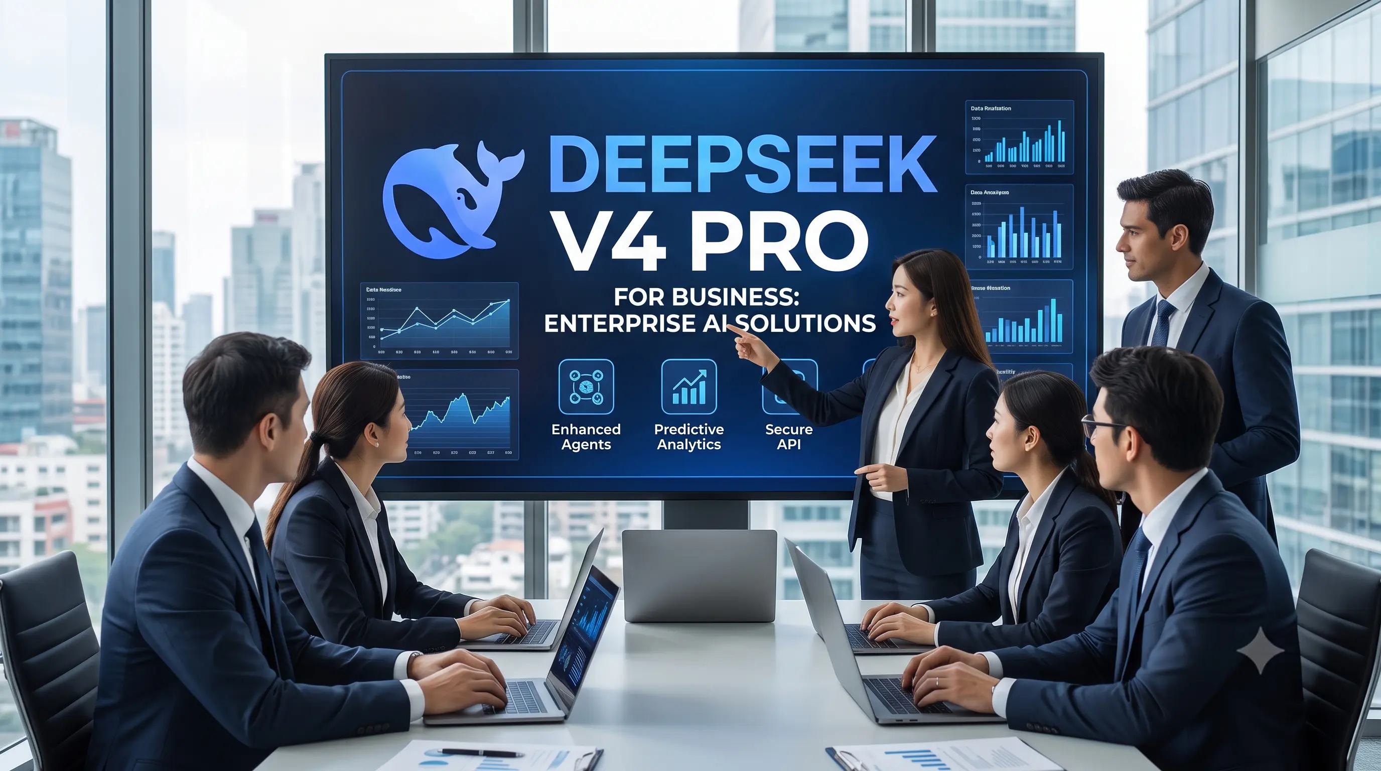 A group of business professionals in a modern corporate boardroom. A woman stands presenting at a large digital screen that displays a blue whale logo and the text "DEEPSEEK V4 PRO FOR BUSINESS: ENTERPRISE AI SOLUTIONS" alongside various data charts and features like "Enhanced Agents," "Predictive Analytics," and "Secure API". Five other colleagues are seated around a conference table with laptops, actively listening and looking at the presentation.