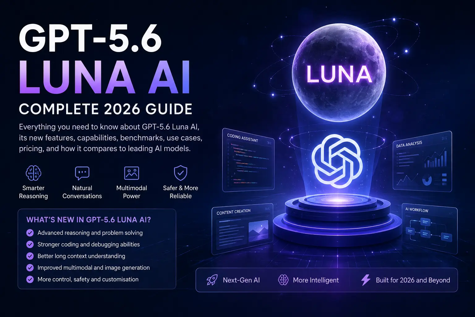 GPT-5.6 Luna AI Complete 2026 Guide showing advanced AI reasoning, coding, multimodal capabilities, data analysis and AI workflows