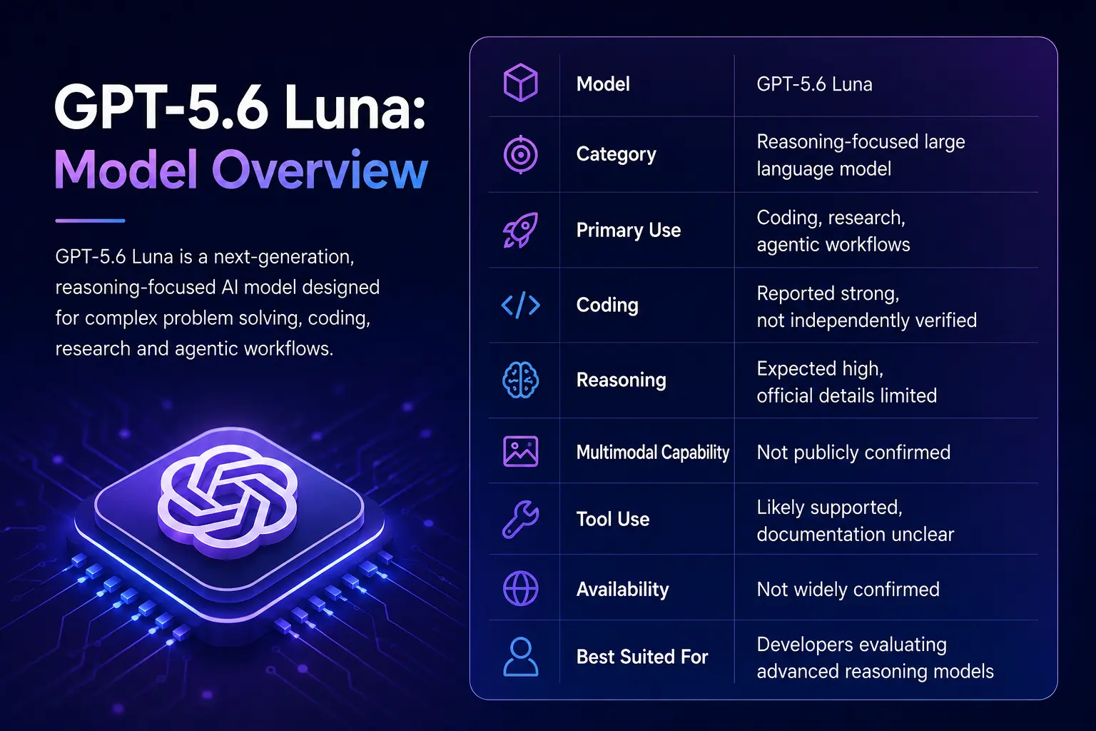 GPT-5.6 Luna Model Overview infographic showing its reasoning-focused AI capabilities, coding and research use cases, tool use, multimodal status, availability, and suitability for developers.