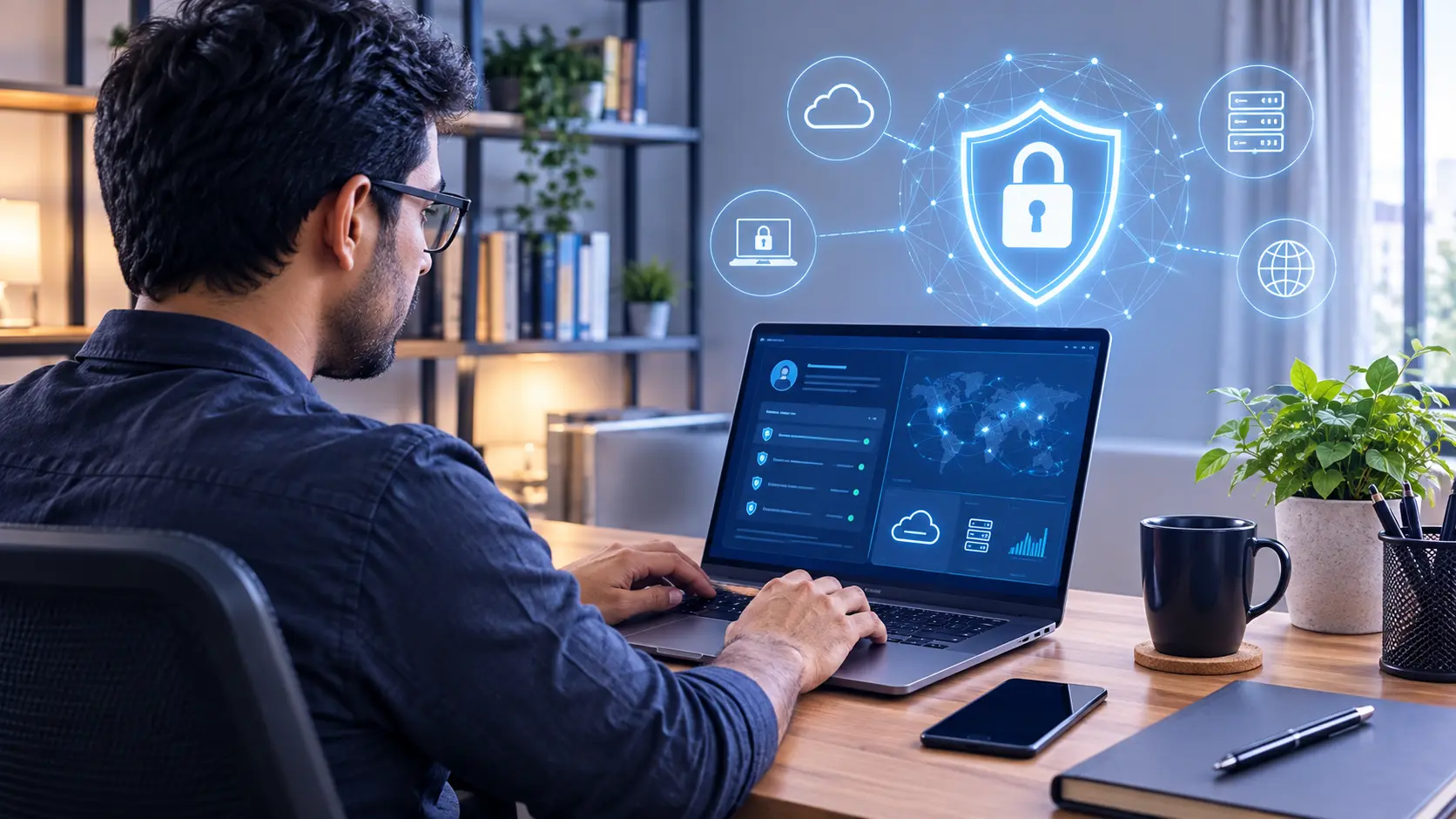 Professional working remotely on a laptop with cybersecurity protection