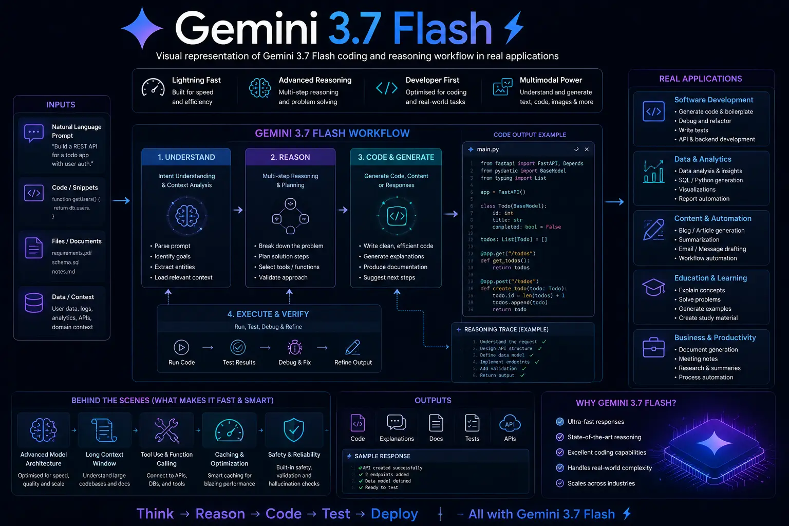 Visual workflow of Gemini 3.7 Flash showing AI reasoning, coding, testing, verification and real-world applications such as software development, data analysis, automation, education and business productivity.