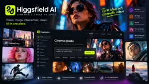 Higgsfield AI creative suite showing AI video, image and cinematic generation tools