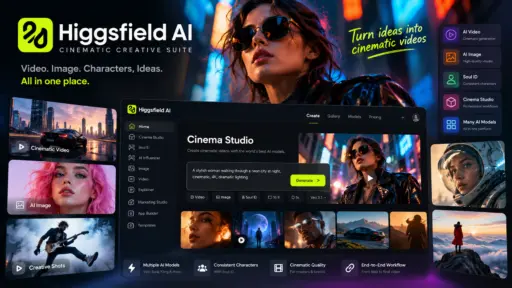 Higgsfield AI creative suite showing AI video, image and cinematic generation tools